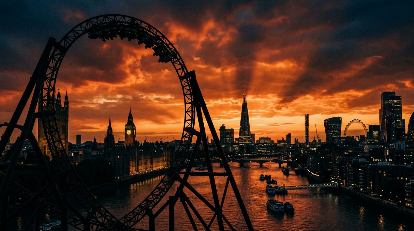 London skyline blending into theme park ride silhouette